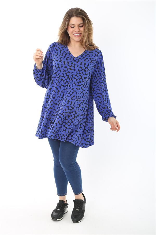 Kadın Büyük Beden Saks Önü A Pileli V Yakalı Bluz 65N37467