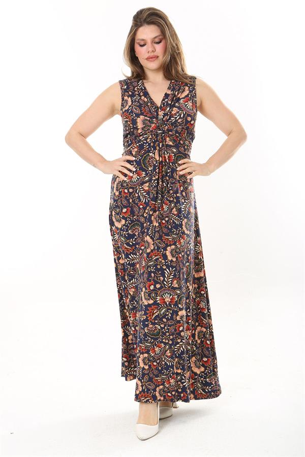 Kadın Büyük Beden Renkli Göğüs Büzgü Detaylı V Yaka Kuşaklı Elbise 65N37905