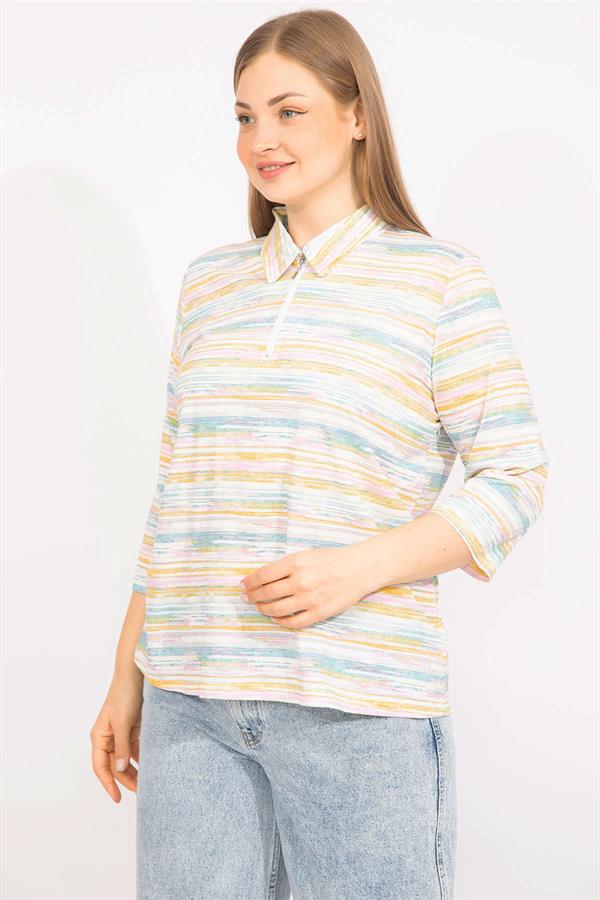 Kadın Renkli Büyük Beden Pamuklu Kumaş Ön Pat Fermuarlı Renkli Bluz 65N35570