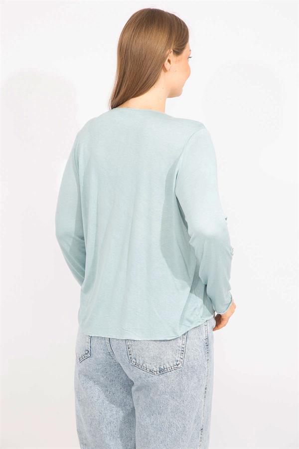 Kadın Yeşil Büyük Beden Sim Ve Baskı Detaylı Bluz 65N35568