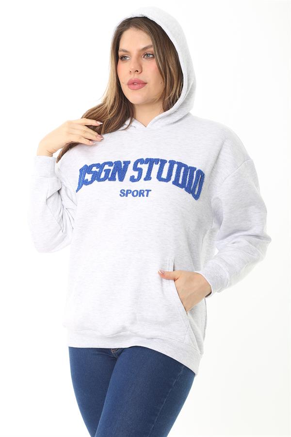 Women's Plus Size Gray Inside Raised 3 Thread Embroidery Detailed Hooded Sweatshirt 65N37126