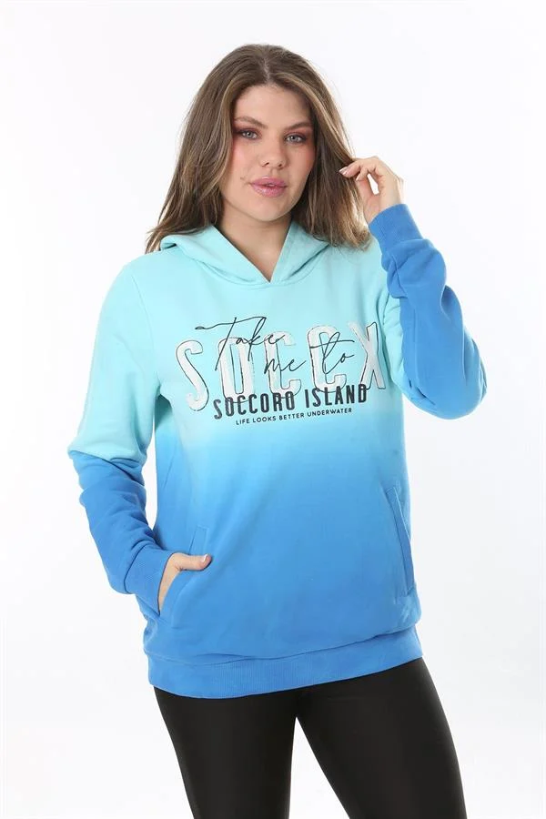 Kadın Büyük Beden Renkli İki İplik Sim Ve Ön Baskı Detaylı Kapşonlu Sweatshirt 65N37162