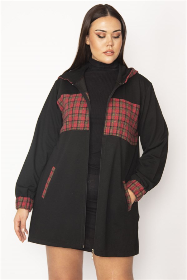 Kadın Bordo Ekose Desen Detaylı Kapşonlu Mont 65N29568