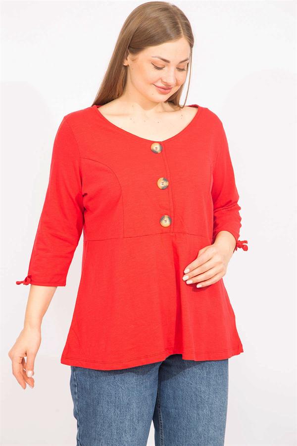 Kadın Kırmızı Büyük Beden Önü Süs Düğmeli Kol Bağcıklı Bluz 65N35734
