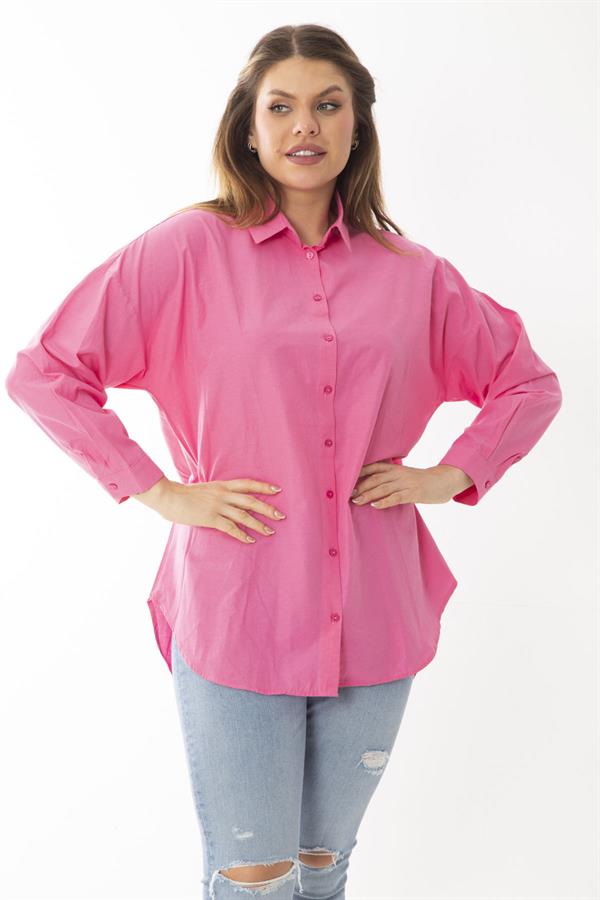 Kadın Büyük Beden Pembe Ön Düğmeli Uzun Kollu Gömlek 65N37046