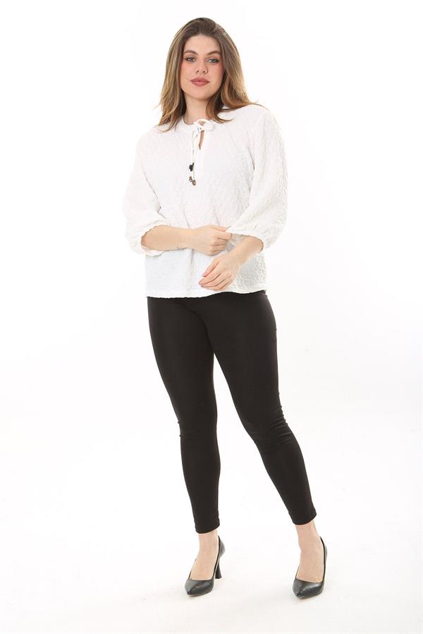 Kadın Büyük Beden Kemik Kendinden Desenli Gofre Kumaş Yaka Bağcıklı Kapri Kollu Bluz 65N37579