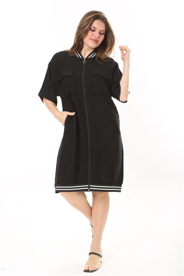 Kadın Büyük Beden Nar Ön Fermuarlı Ribana Detaylı Aerobin Kumaş Elbise 65N37880