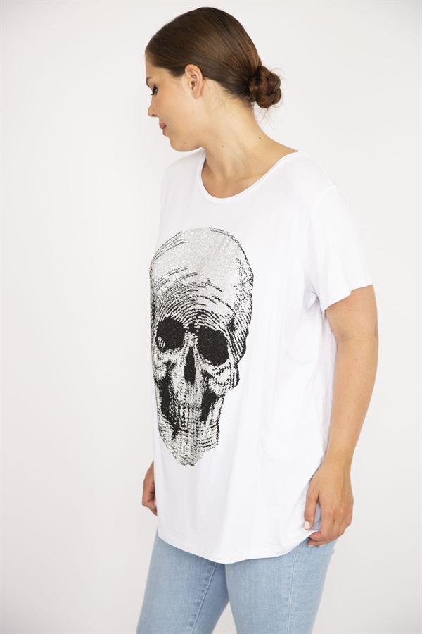 Kadın Büyük Beden Beyaz Taş İşli Bisiklet Yakalı Likralı Bluz