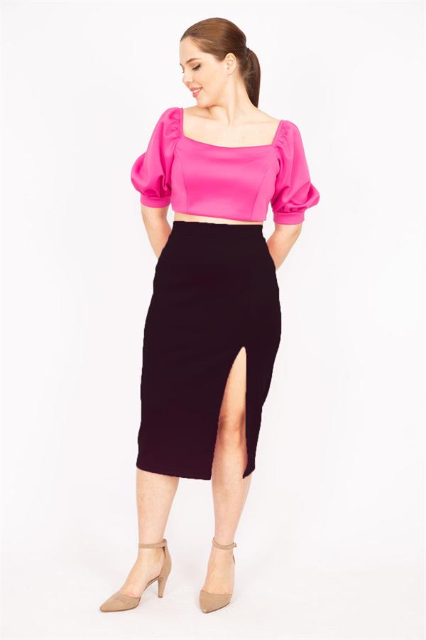 Kadın Fujya Büyük Beden Yaka Ve Kolu Lastik Detaylı Scuba Kumaç Crop