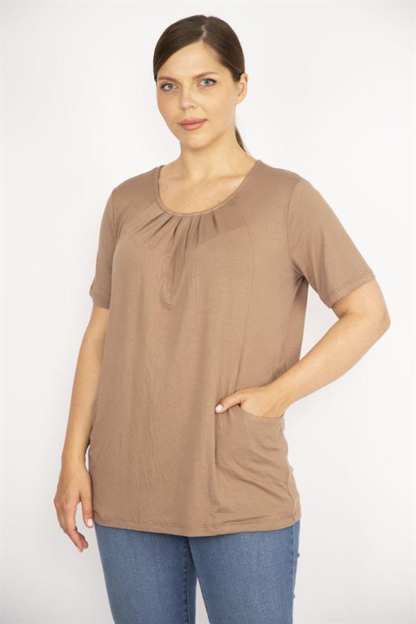 Kadın Camel Büyük Beden Yaka Pileli Ön Cepli Bluz