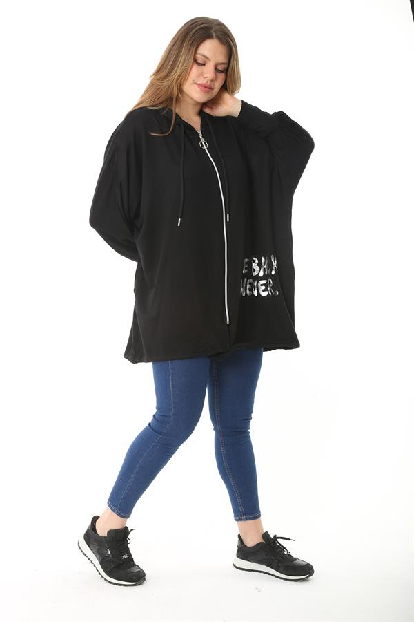 Women's Plus Size Black Front Lacquered Printed Hooded Casual Cut Sweatshirt 65N37118