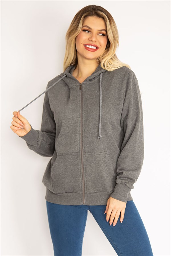 Kadın Gri Sırtı Çift Fermuar Ve Çıtçıt Düğme Ve Ön Fermuarlı İçi Şardonlu Sweatshirt 65N35069