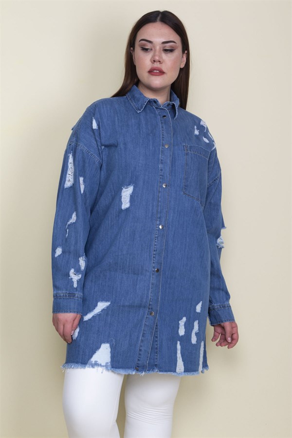 Kadın Mavi Yırtık Detaylı Salaş Kesim Oversize Kot Tunik Ceket 65N28046