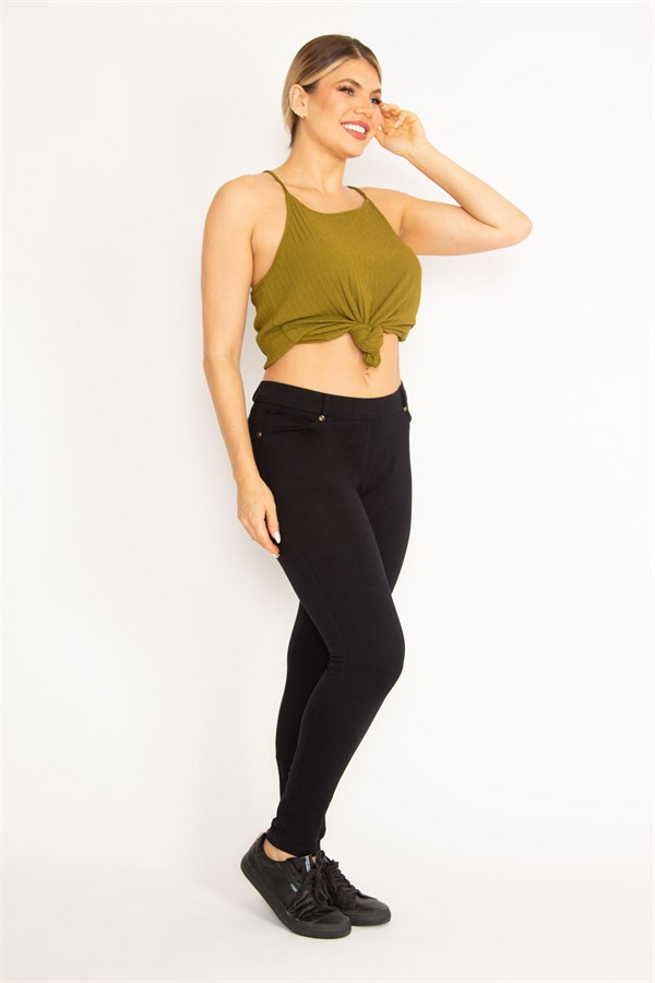 Kadın Kırmızı Ekose Desenli Süs Fermuar Cepli Tayt 65N34640