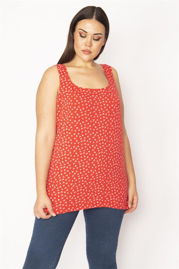 Kadın Kırmızı Büyük Beden Pamuklu Kumaş Likralı Kolsuz Bluz