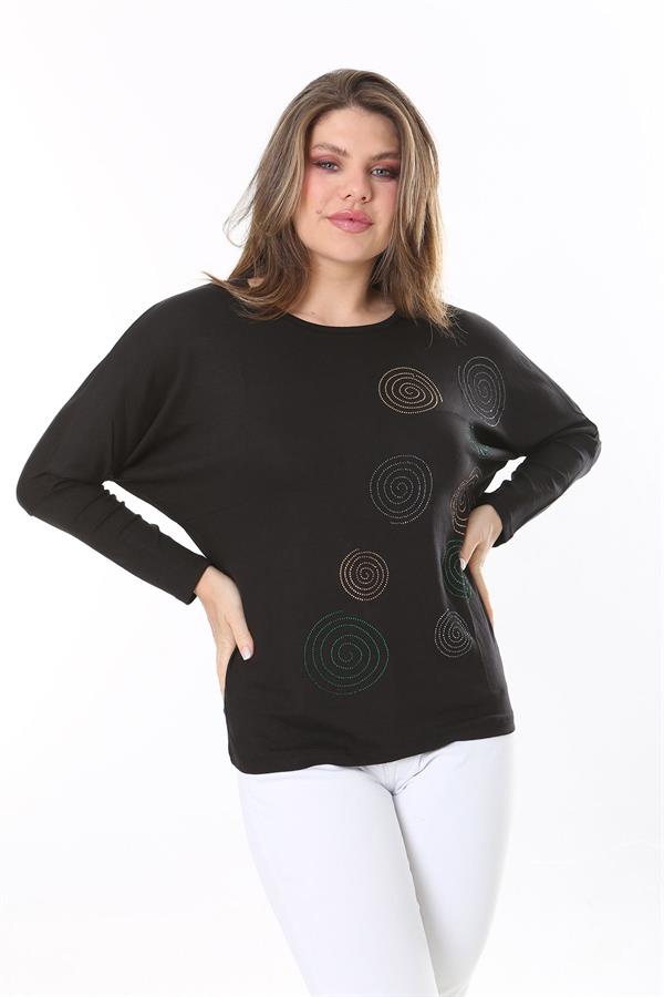 Kadın Büyük Beden Siyah Taş Detaylı Yarasa Kol Bluz 65N37805