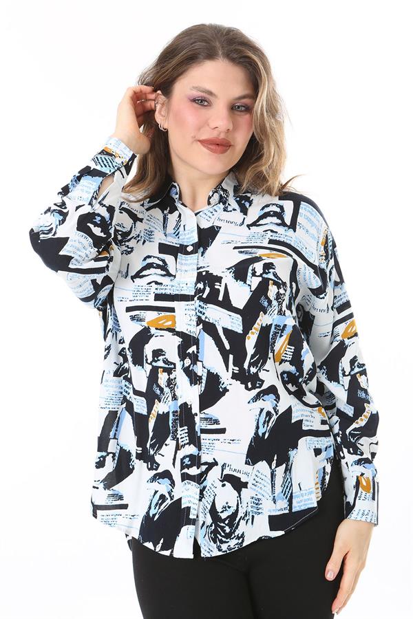 Kadın Büyük Beden Renkli Ön Düğmeli Arkası Uzun Desenli Gömlek 65N38022