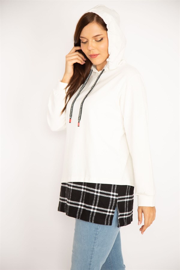 Kadın Kemik Kapşonlu Etek Ucu Ekose Garnili Sweatshirt 65N34878