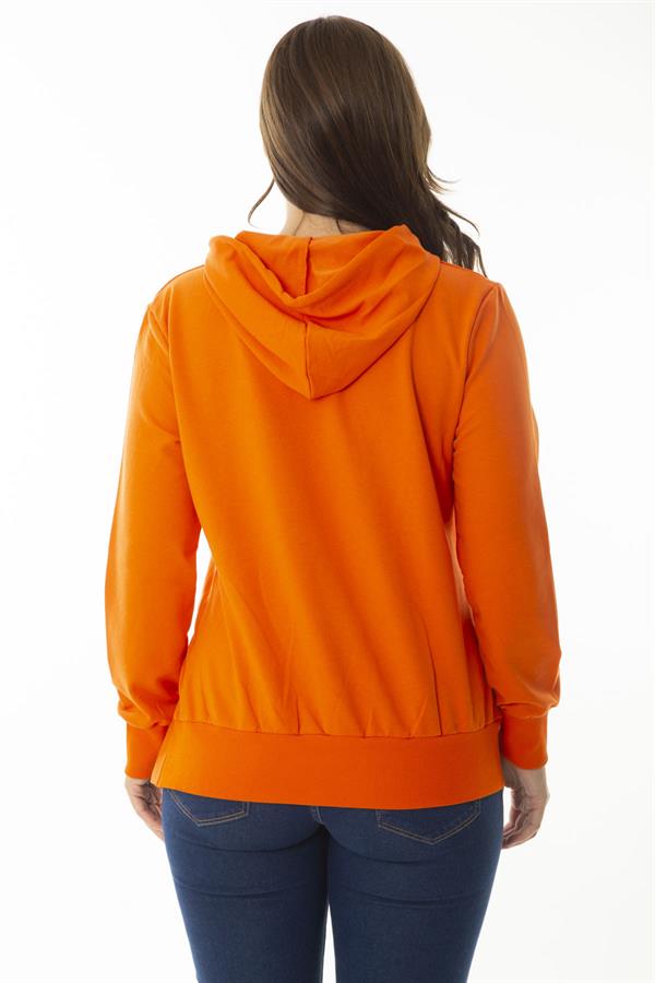 Women's Plus Size Orange Stone and Print Detailed Hooded Side Slit Sweatshirt 65N36867