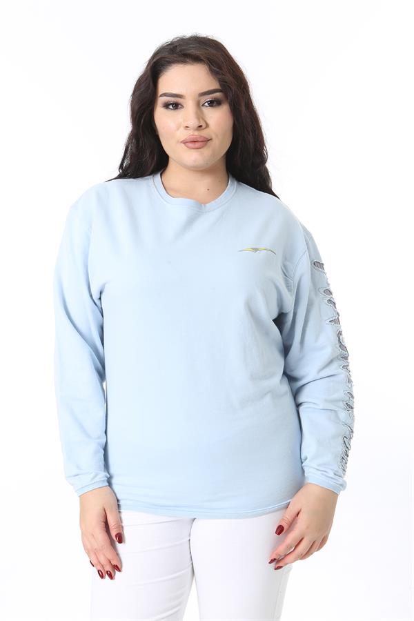 Women's Plus Size Blue Flock Sleeved Sweatshirt 65N38689