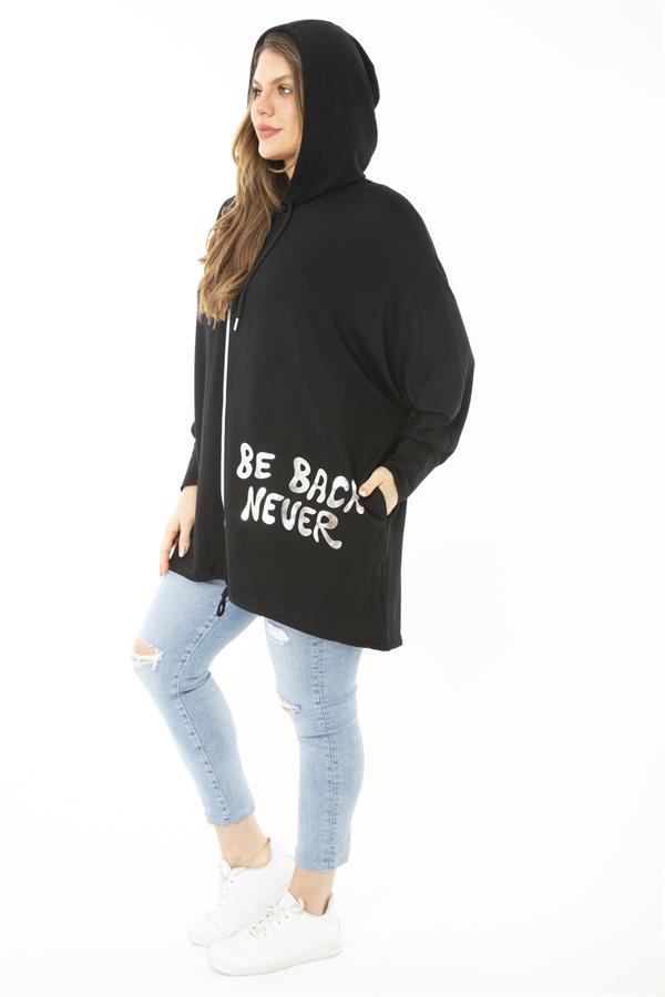 Women's Plus Size Black Front Lacquered Printed Hooded Casual Cut Sweatshirt 65N37118