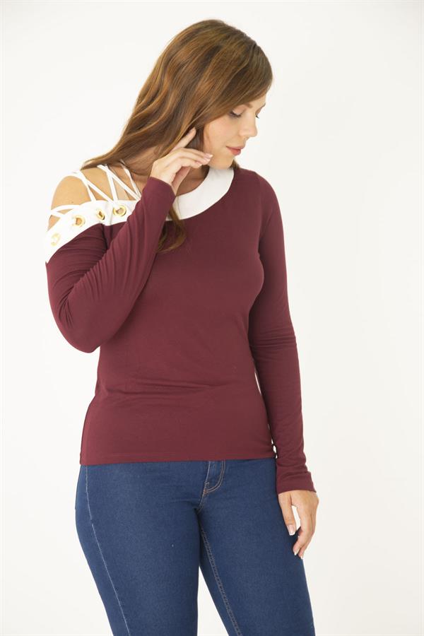 Kadın Büyük Beden Bordo Kuşgözü Ve Biye Detaylı Bluz 65N36965