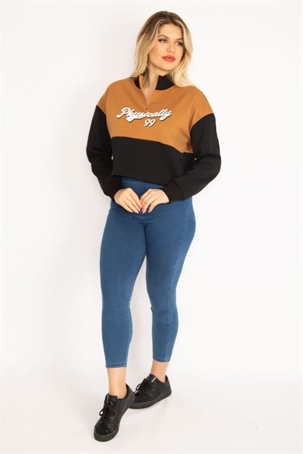 Women's Tan, Ribbed, 3-Thread Collar, Zippered, Two-Tone Sweatshirt 65N35066