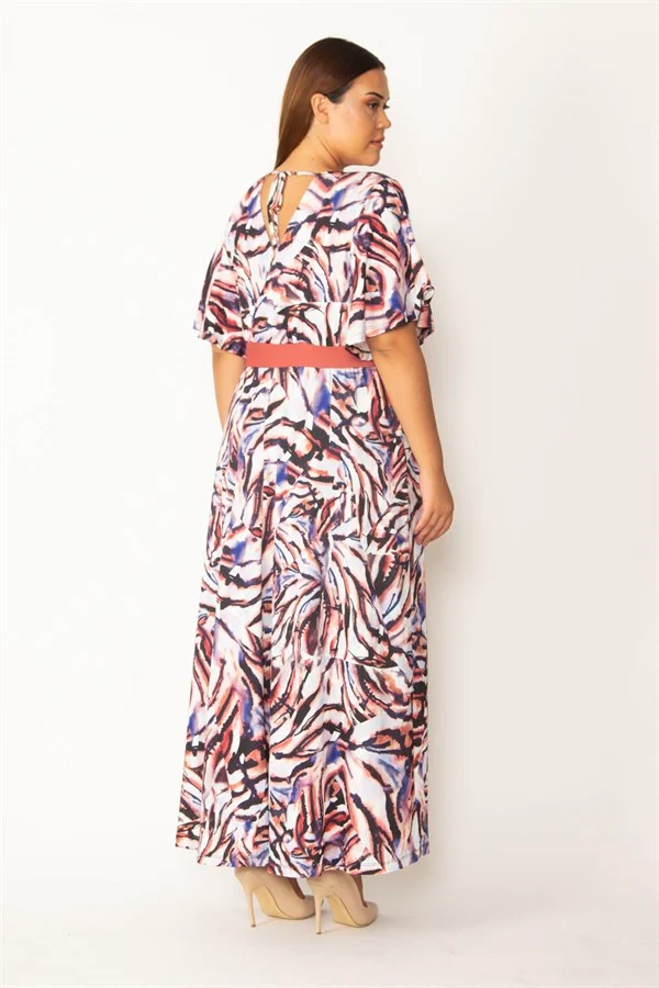 Kadın Renkli Anvelop Yakalı Bel Garnili Volan Kollu Uzun Elbise 65N28549