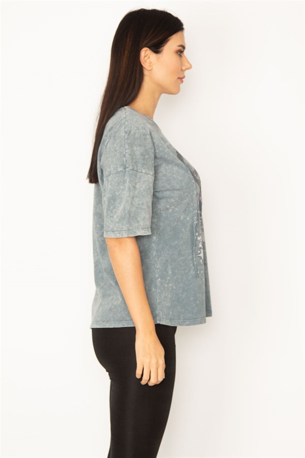 KADIN RENKLİ YIKAMALI KUMAŞ ÖN BASKILI BLUZ