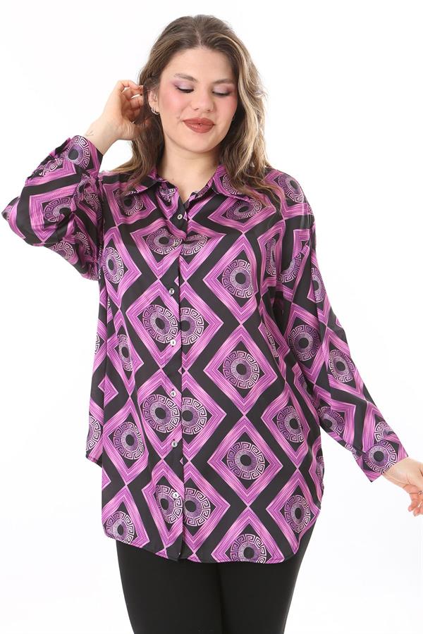 Kadın Büyük Beden Pembe Ön Düğmeli Saten Bluz 65N38017