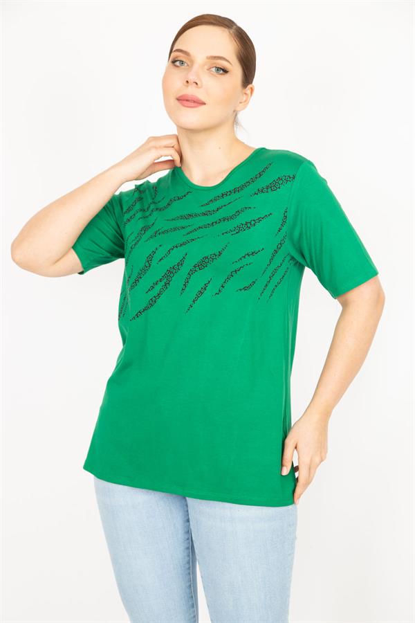 Kadın Saks Büyük Beden Bisiklet Yakalı Ön Baskılı Bluz