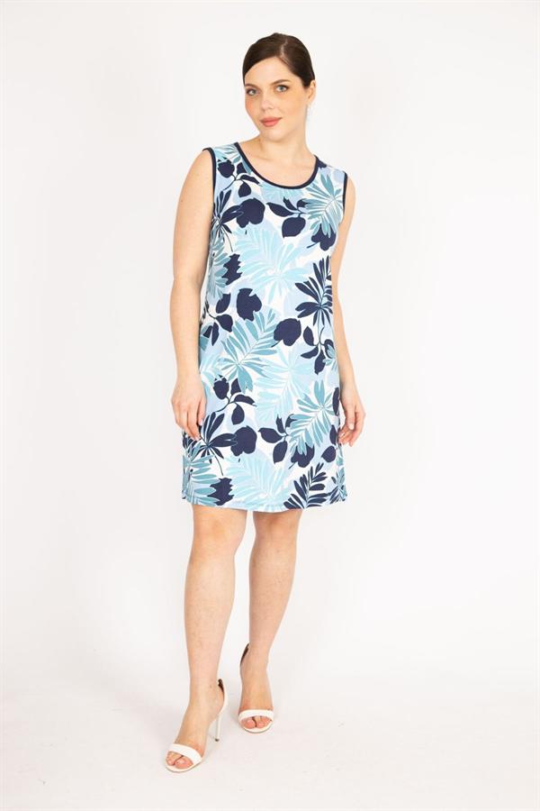 Kadın Mavi Büyük Beden Bisiklet Yakalı Desenli Elbise