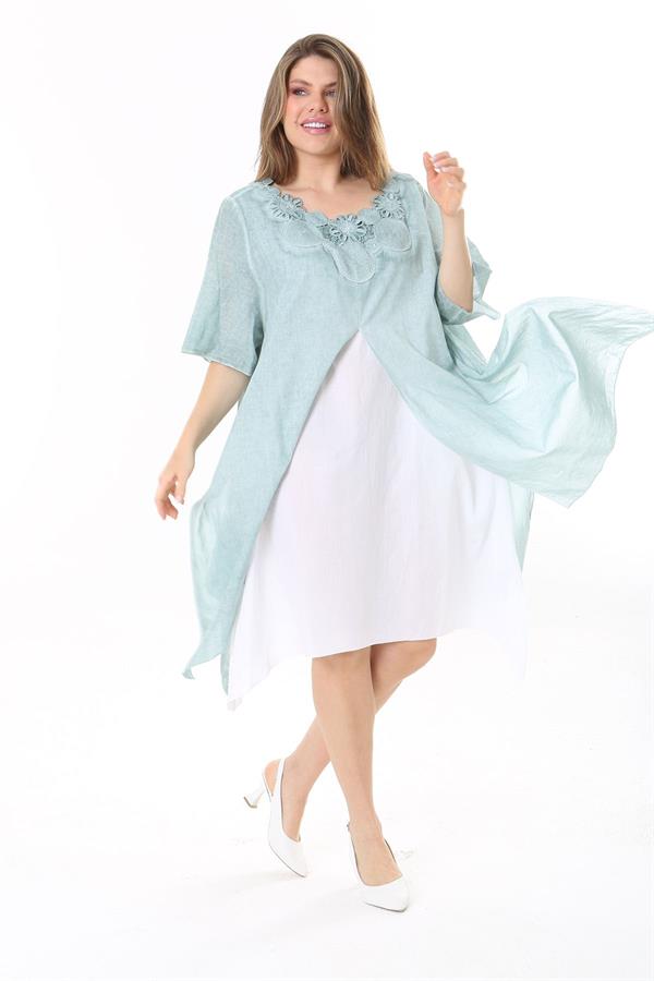 Kadın Büyük Beden Yeşil Yaka Dantelli İki Parça Elbise 65N37784