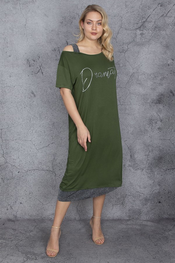 Kadın Haki Sim Detaylı Ön Baskılı Elbise 65N27215