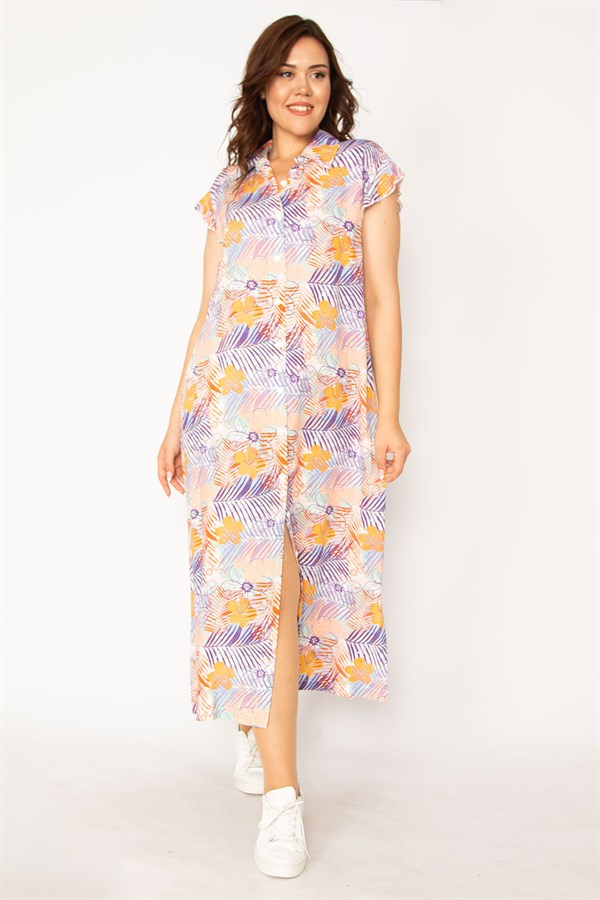 Kadın Renkli Dokuma Viskon Kumaş Ön Boy Düğmeli Gömlek Yakalı Elbise 65N33879