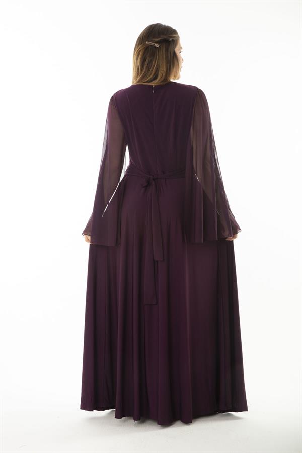 Kadın Büyük Beden Lacivert Bel Detaylı Kolları Tül Abiye Elbise 65N37065