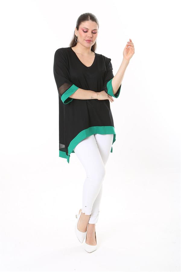 Kadın Büyük Beden Kemik Kol Ve Etek Ucu Tül Ve Garni Detaylı V Yakalı Arkası Uzun Tunik 65N37681