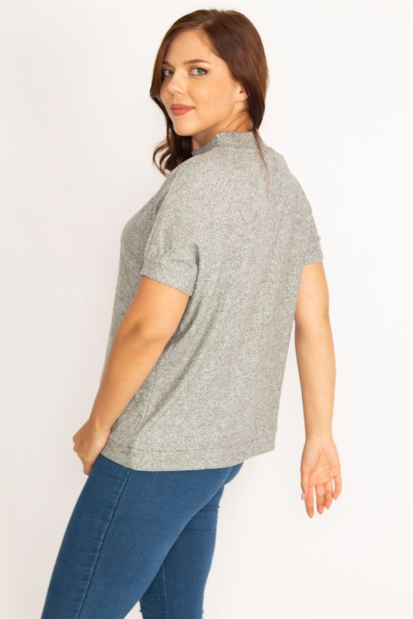 Kadın Gri Kaşkorse Kumaş Sıfır Yakalı Bluz 65N34804