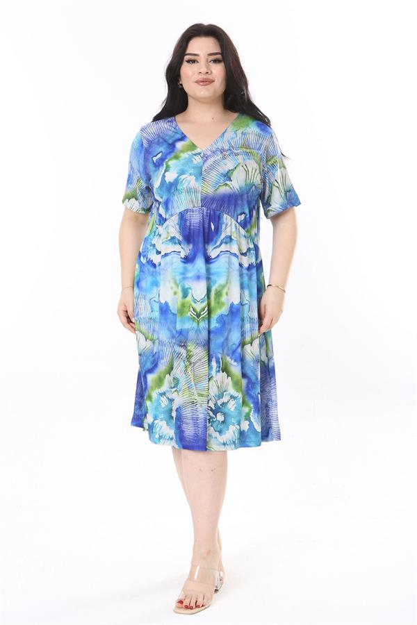 Kadın Büyük Beden Renkli V Yakalı Bel Büzgülü Desenli Elbise 65N37984