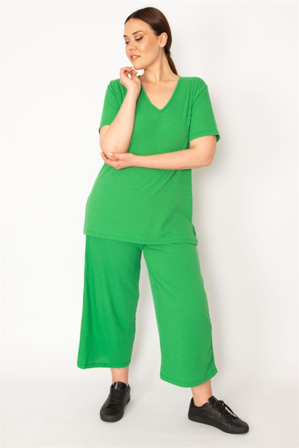 Kadın Fujya Kaşkorse Örme Beli Lastikli Geniş Paçalı Pantolon V Yakalı Bluz Takım 65N32939