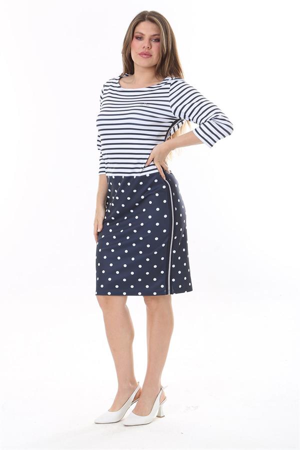 Kadın Büyük Beden Lacivert Marin Desen Likralı Saten Elbise 65N37785