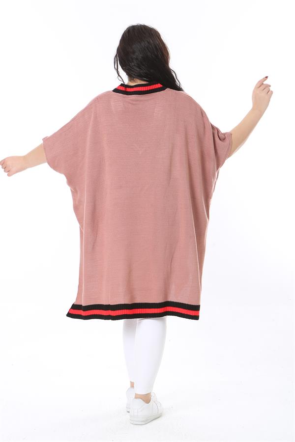 Kadın Büyük Beden Pudra V Yakalı Triko Panço 65N38571