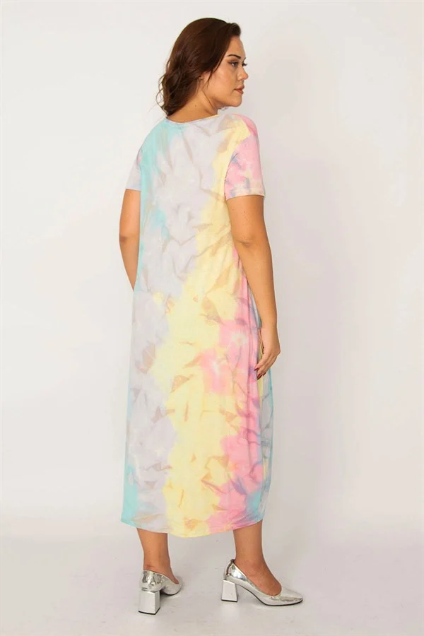 Kadın Saks Batik Desen V Yaka Cepli Elbise 65N33979