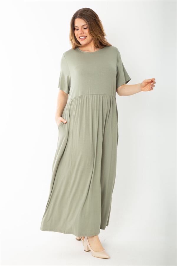 Kadın Büyük Beden Haki Bel Büzgülü Kısa Kollu Uzun Elbise 65N37757