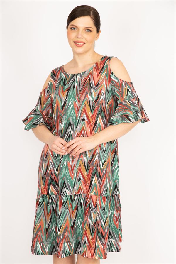 Kadın Fujya Büyük Beden Omuz Dekolteli Dokuma Viskon Kumaş Yan Cepli Elbise