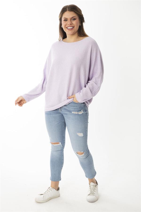 Kadın Büyük Beden Lila Yarasa Kol Kendinden Çizgili Yün Viskon Bluz 65N37007