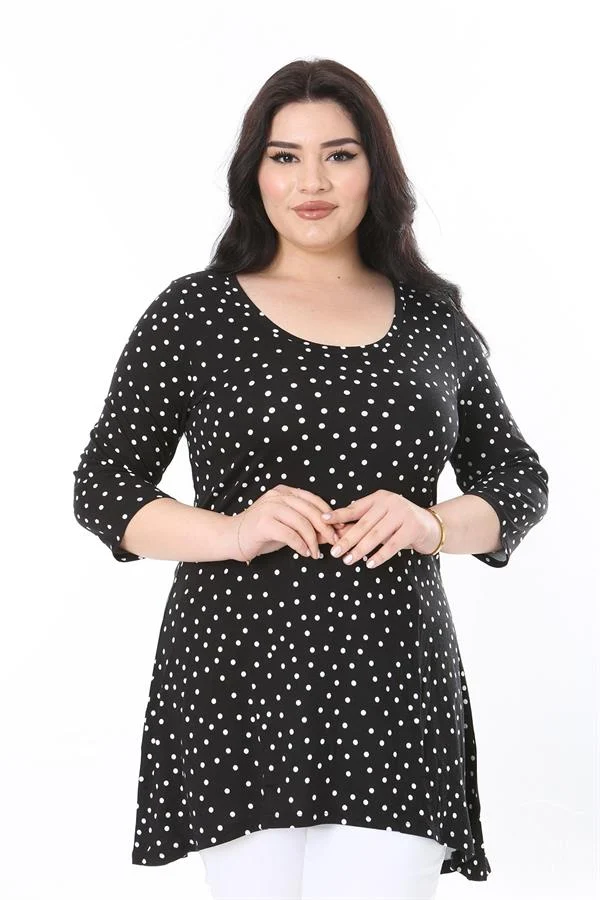 Kadın Büyük Beden Siyah Puan Desenli Kapri Kollu Bluz 65N38010