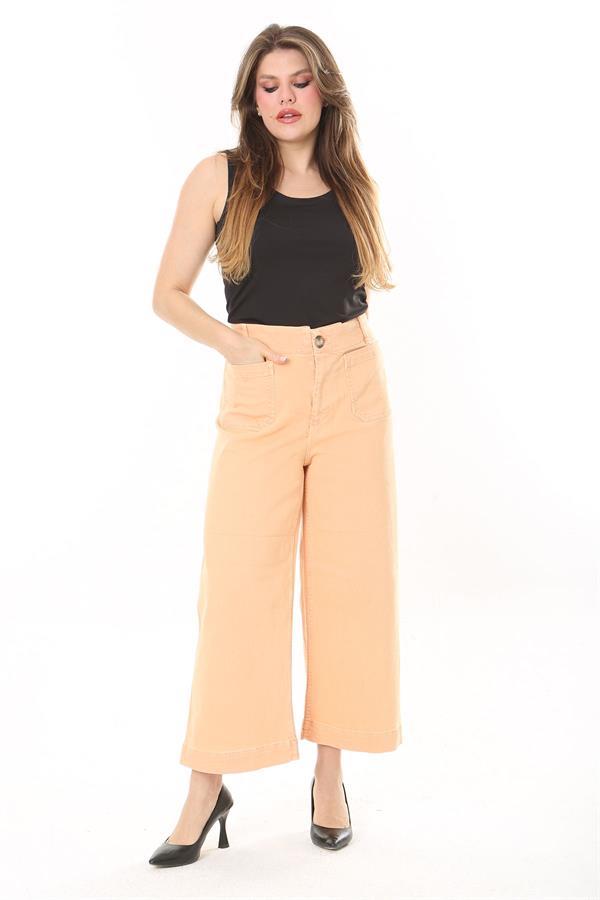 Kadın Büyük Beden Oranj Geniş Paçalı 4 Cepli Likralı Yüksek Bel Kot Pantolon 65N37920