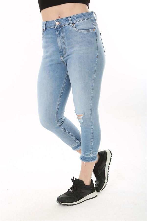 Kadın Büyük Beden Mavi Yırtık Detaylı 5 Cep Likralı Kot Pantolon 65N37601