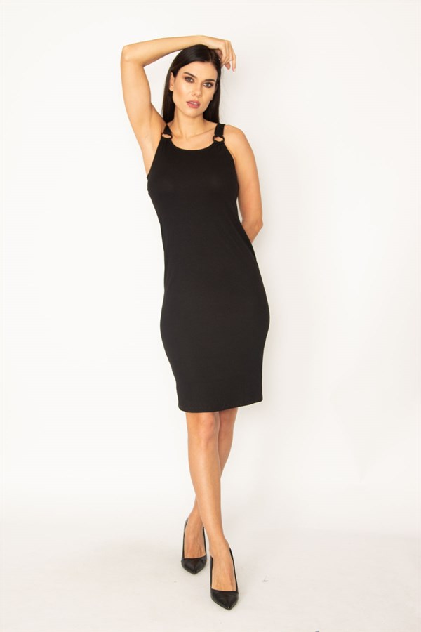 KADIN SİYAH KALIN ASKILI ELBİSE